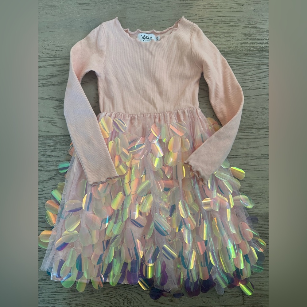Lola + The Boys Pink Long-Sleeve Iridescent Sequin Petal Tulle Dress